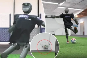 Robot soccer player breaks through wall
