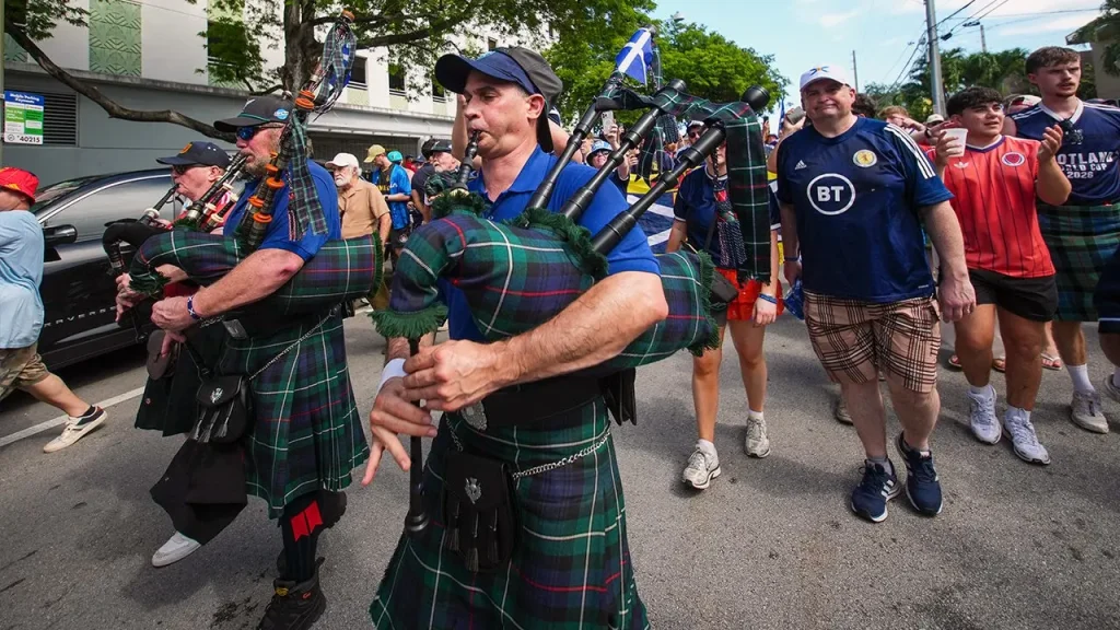 Scotland fans gather in Miami for match against Brazil after significantly reducing Boston's beer reserves.