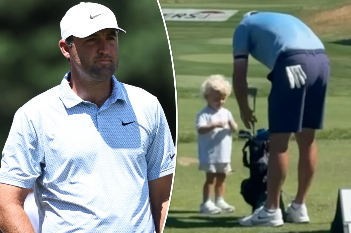 Scottie Scheffler’s son Bennett carries a small golf bag at the Travelers Championship