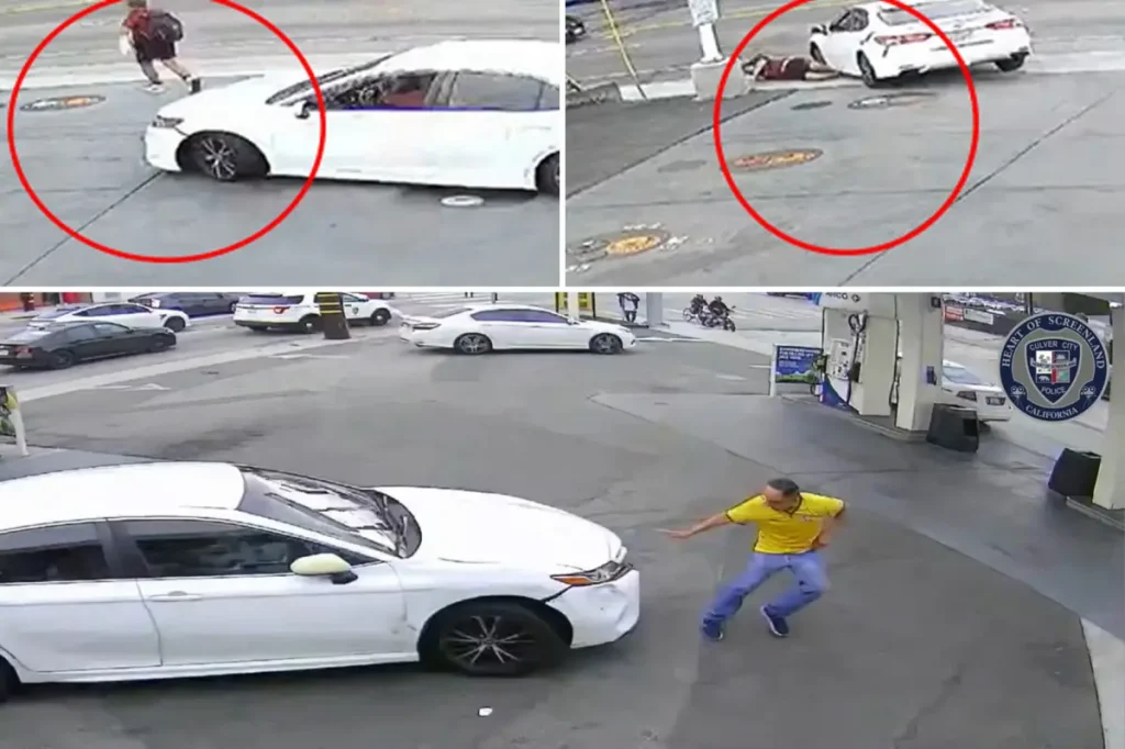 Shocking new footage captures reckless carjacker hitting victims at Culver City gas station