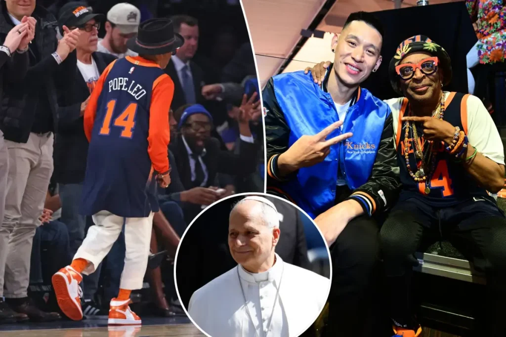Spike Lee dons a personalized Pope Leo Knicks jersey at NBA Finals Game 3