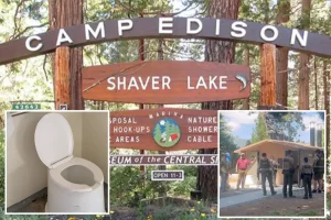 Sunglasses rescue takes a disastrous turn as camper falls into a restroom waste tank in California.