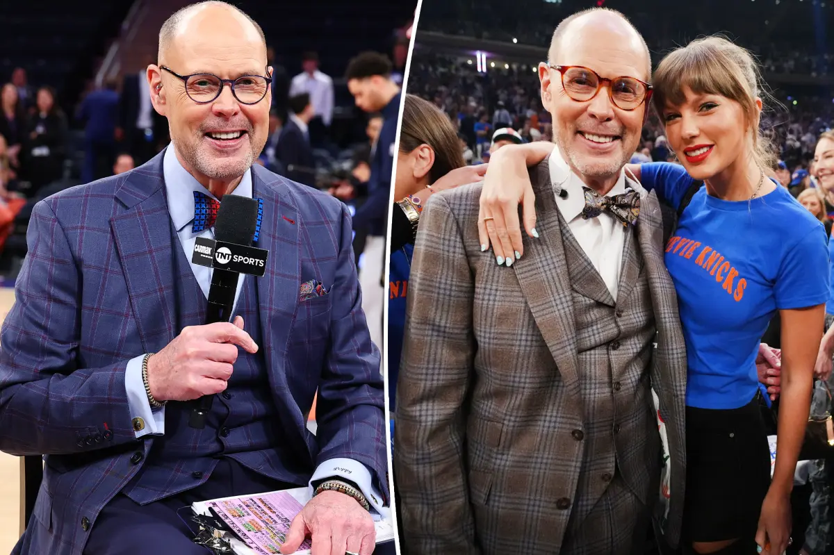 Taylor Swift and NBA commentator Ernie Johnson take a photo together at a Knicks game.