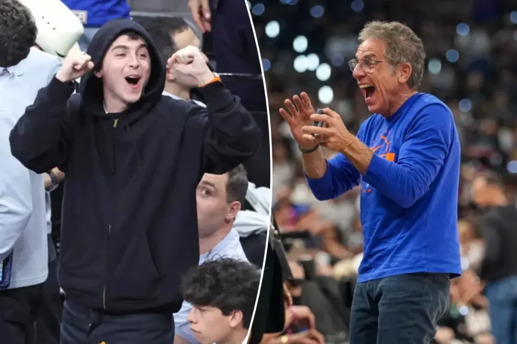 Timothee Chalamet and Ben Stiller share a happy hug as the Knicks triumph in Game 2.