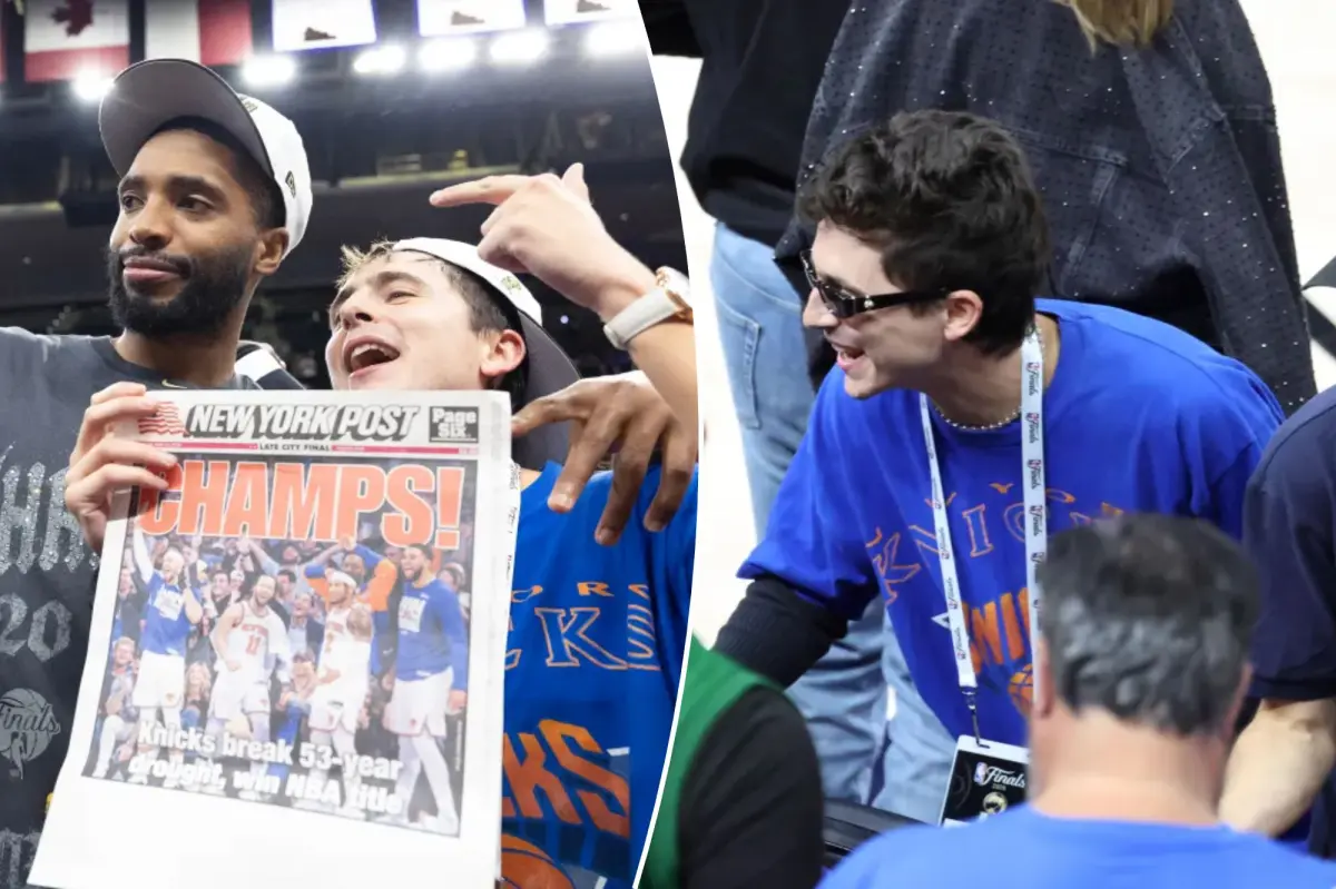 Timothee Chalamet holds The Post while celebrities celebrate the Knicks' NBA Finals victory