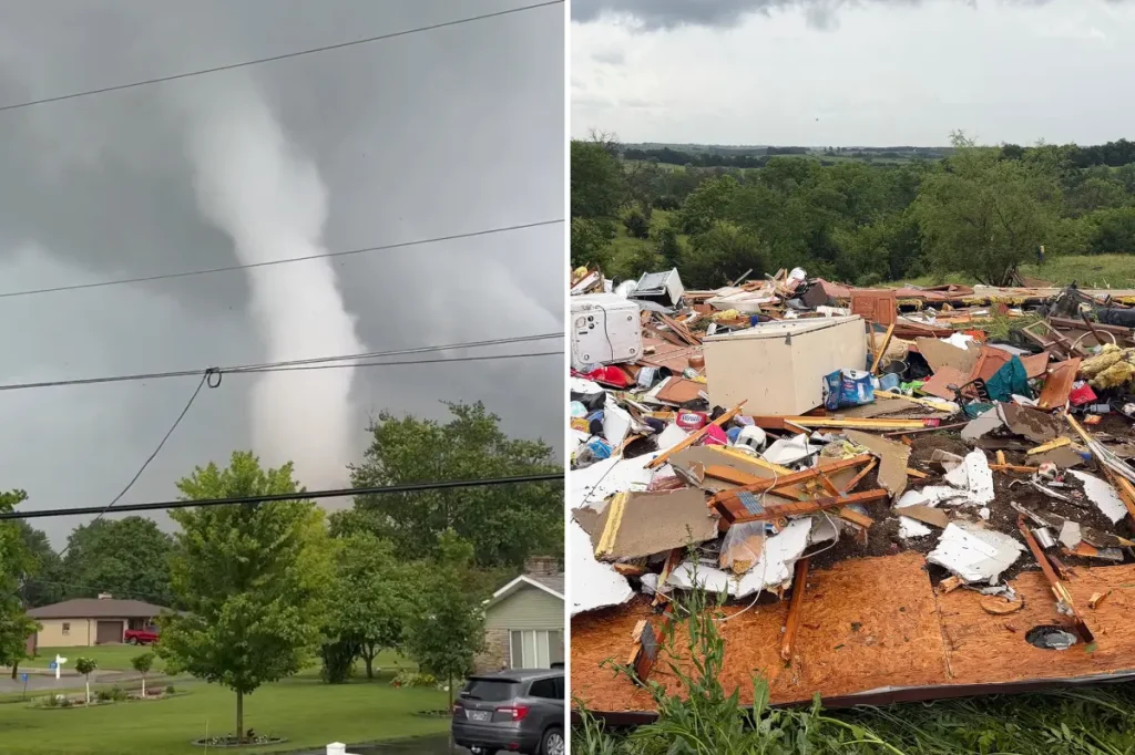 Tornadoes strike areas near Chicago, damaging houses and bringing down utility poles.