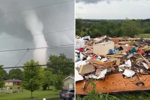 Tornadoes strike areas near Chicago, damaging houses and bringing down utility poles.