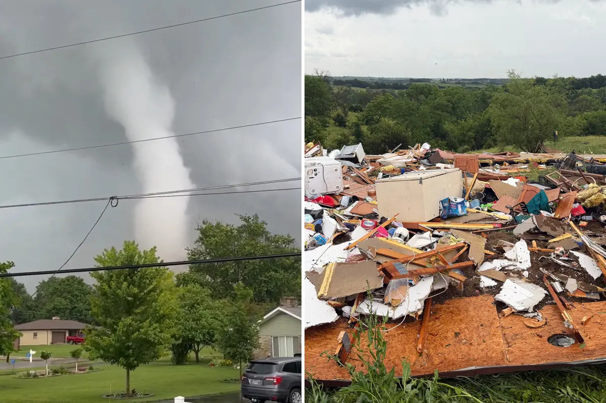 Tornadoes strike areas near Chicago, damaging houses and bringing down utility poles.