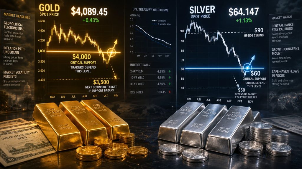 Traders of precious metals get ready to protect $4,000 gold, as a fall below $60 silver could be disastrous.