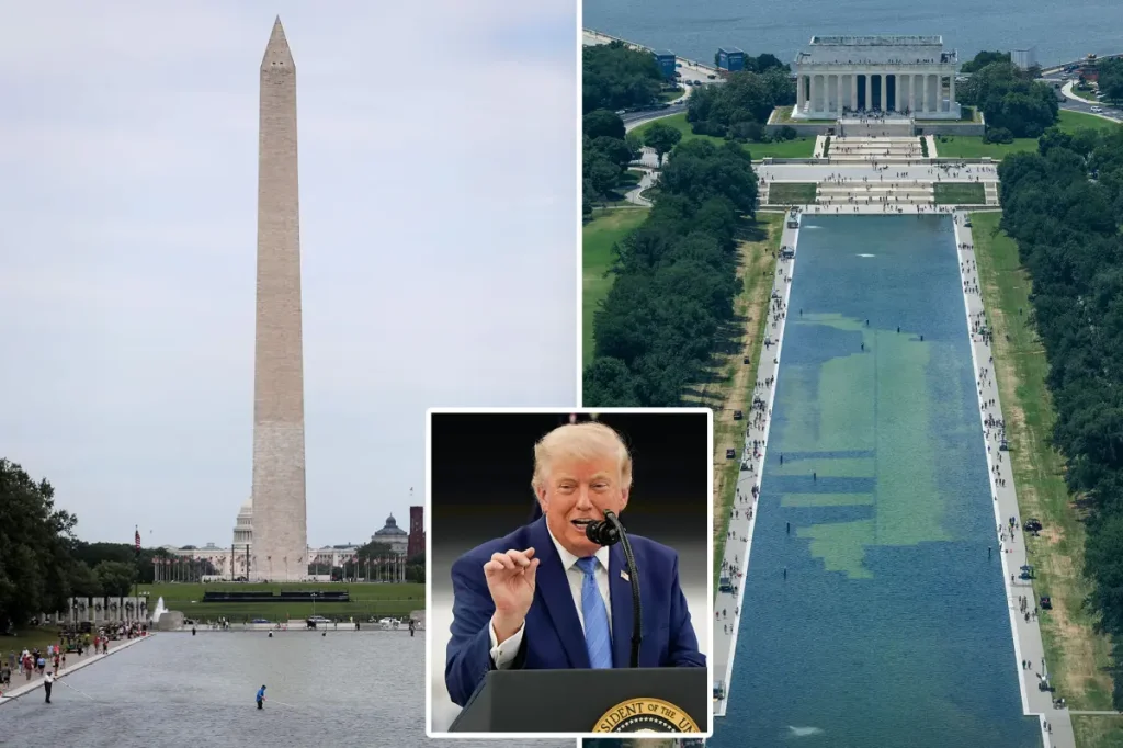 Trump states that vandals used chemicals to harm the recently restored reflecting pool by the Lincoln Memorial.