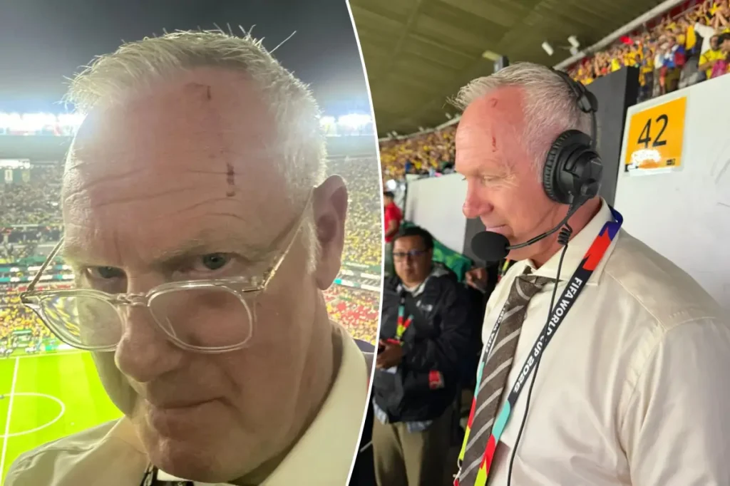 Warren Barton injured after being struck by a sharp object during a frightening moment at the World Cup