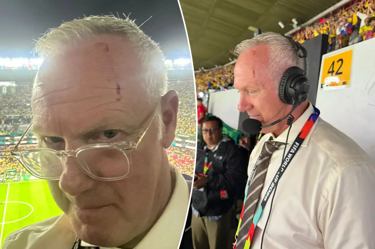 Warren Barton injured after being struck by a sharp object during a frightening moment at the World Cup