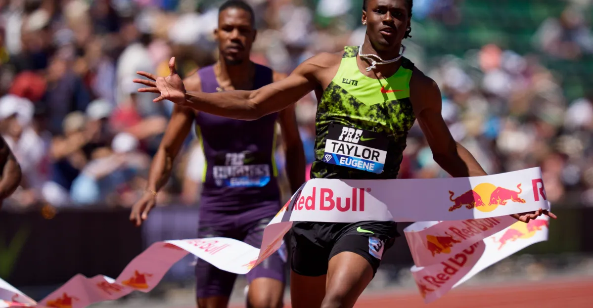 18-year-old Tate Taylor surprises by defeating Letsile Tebogo at the Prefontaine Classic