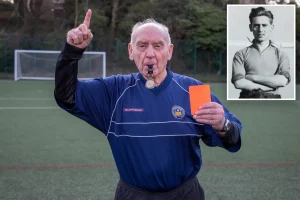 A 93-year-old soccer referee attributes his long life to wartime food restrictions and self-discipline.