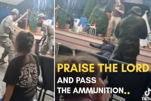 A mock firing squad enters a Kentucky church bible class and 'takes down the Devil' in front of children
