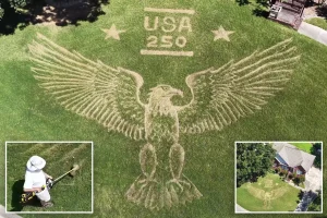 Alabama resident Ron Burkett designs a very patriotic front yard honoring America's 250th anniversary with a bald eagle mural