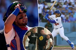 Eliézer Alfonzo of the Dodgers plays in his first major league game following the death of his sister and stepmother.