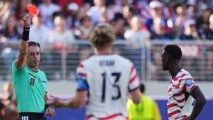 Folarin Balogun from the USA speaks out against referee's red card decision in his first remarks after the disputed call