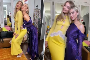 Gigi Hadid dons a yellow cutout dress for the rehearsal dinner before the wedding of Taylor Swift and Travis Kelce.