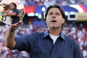 Mauricio Pochettino from the USMNT performs 'Country Roads' following World Cup victory