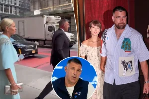 Mike Vrabel and his wife Jen attend the wedding of Taylor Swift and Travis Kelce