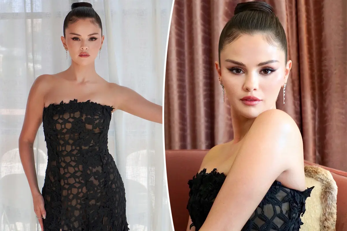 Selena Gomez displays her complete ensemble for the wedding rehearsal dinner of Taylor Swift and Travis Kelce.