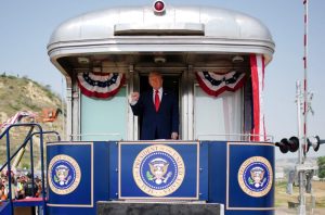 Trump boards the 'Freedom 250 Train' before the opening ceremony of the Theodore Roosevelt Library
