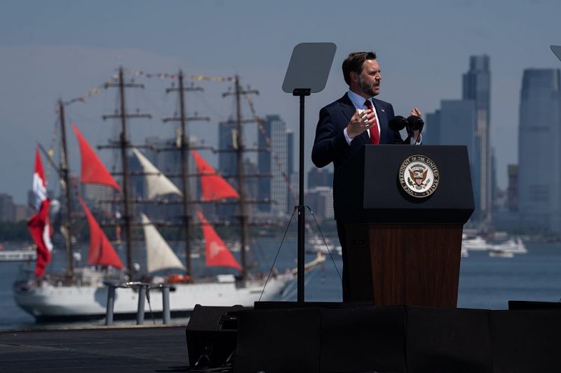 Vance criticizes communism in his July 4 speech at New York Harbor, stating it contradicts America's founding principles.