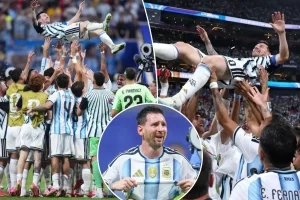 Argentina teammates lift Lionel Messi into the air after World Cup return