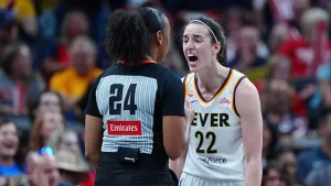 Caitlin Clark uses strong language towards an official while contending that Fever players weren't receiving the same calls as Valkyries.