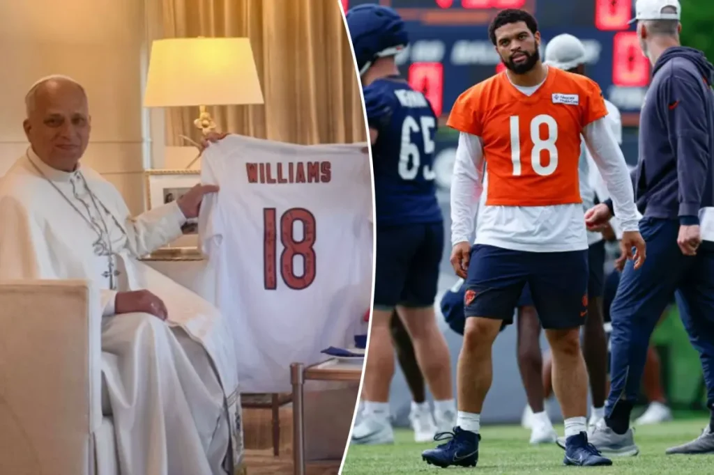 Caleb Williams gives Pope Leo XIV a signed jersey.