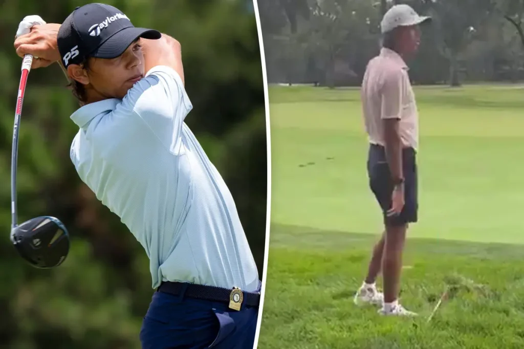 Charlie Woods reacts sharply to fan taking a photo at an inopportune time during the US Junior Amateur