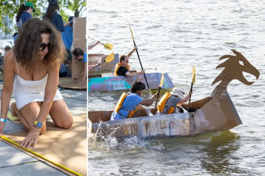 Clever kayakers embark on cardboard boats across the Hudson River