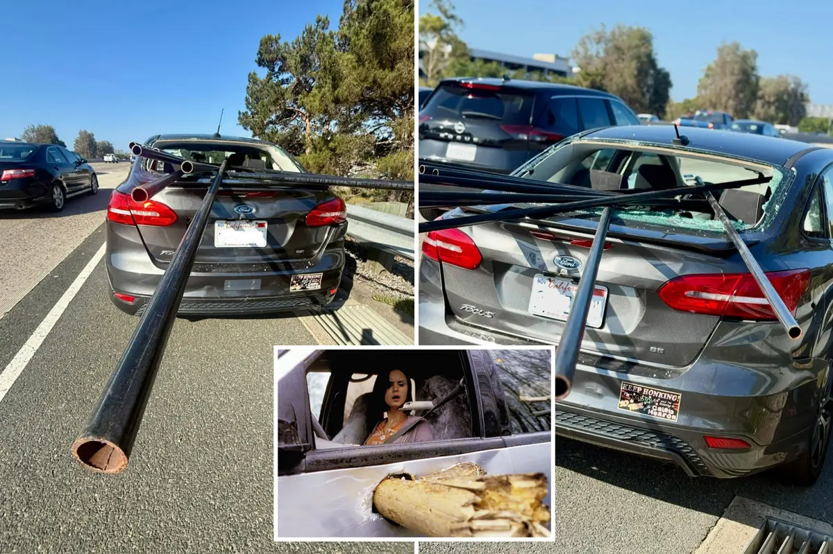 Crash in Orange County sends pipes flying into car window
