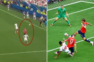 England levels the World Cup match against Norway after the ball strikes a cable