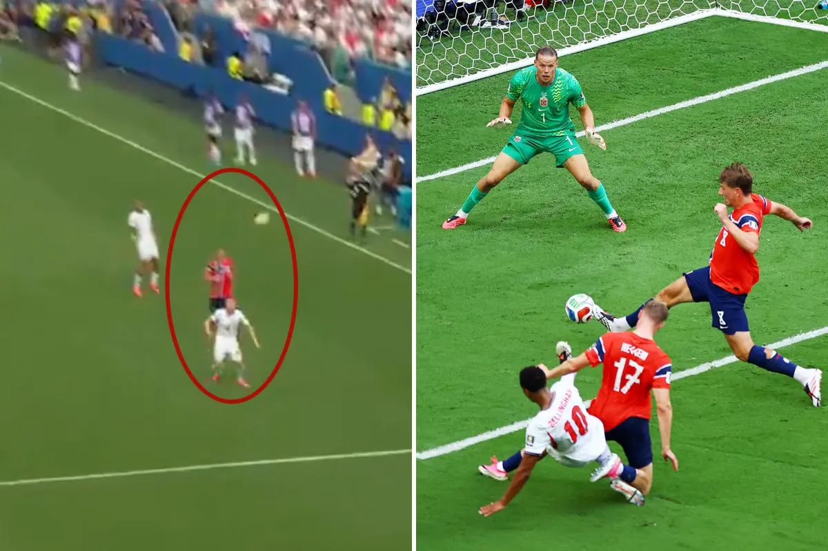 England levels the World Cup match against Norway after the ball strikes a cable
