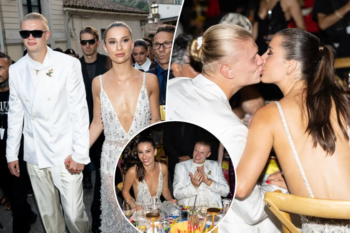 Erling Haaland shares a kiss with his girlfriend at the Dolce & Gabbana fashion show following the World Cup.