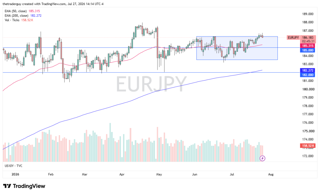 EUR/JPY Analysis 28/07: Euro Pauses at 186.50