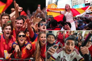 Fans of Spain gather at NYC landmarks to celebrate World Cup victory alongside disappointed Argentinians.