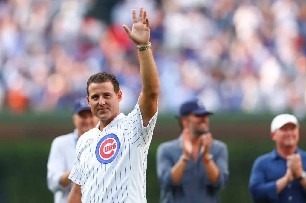 Former Cubs player Anthony Rizzo hits a home run in the Wrigley Field bleachers.