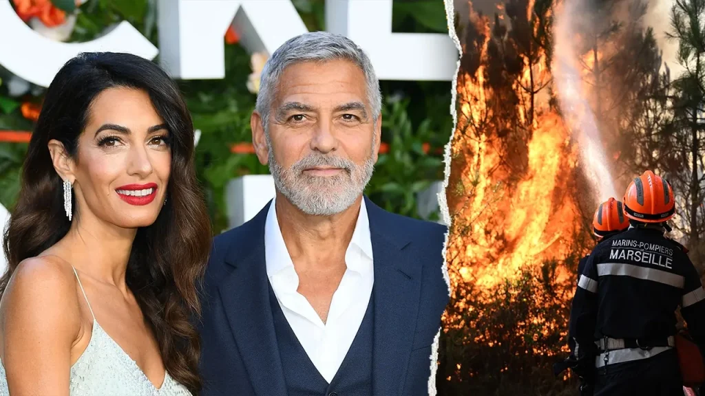George and Amal Clooney leave their home in southern France due to a wildfire.