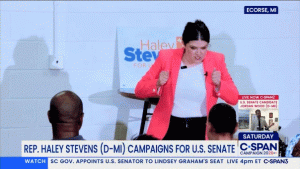 Haley Stevens teased online for her uncomfortable campaign speech in Michigan