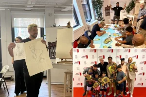 Jacob Fatu and Joe Hendry assist at an art class with Red Door Community