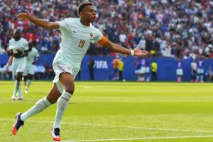Kylian Mbappe of France nets his 20th goal in 20 World Cup appearances.