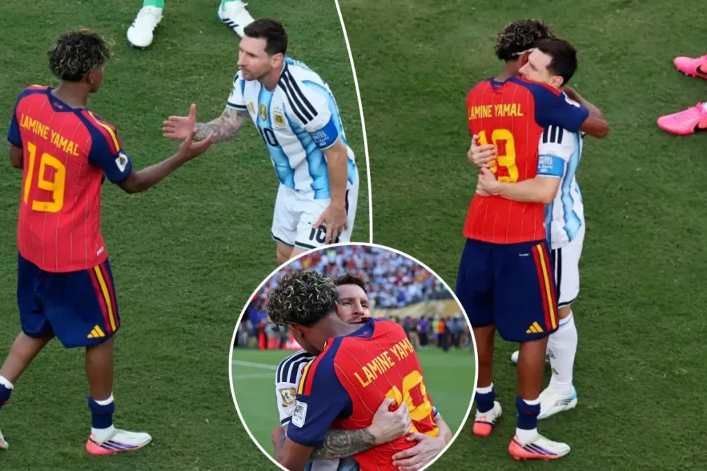 Lamine Yamal and Lionel Messi share a touching moment following Spain's World Cup victory