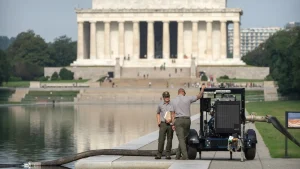 Lincoln Memorial Reflecting Pool emptied for maintenance following vandalism