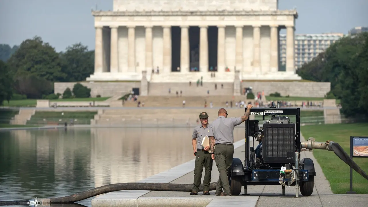 Lincoln Memorial Reflecting Pool emptied for maintenance following vandalism