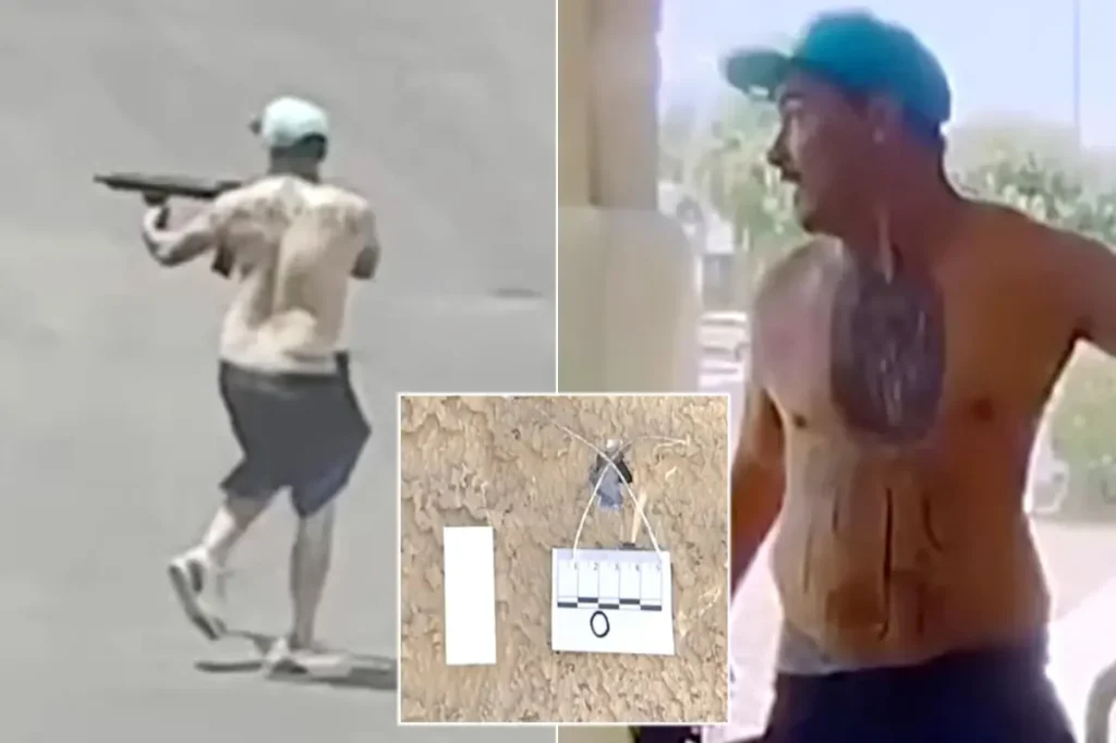 Man without a shirt shoots an AR-style rifle in a Las Vegas neighborhood