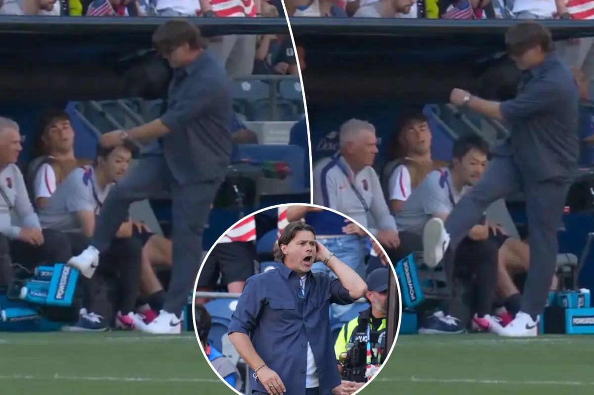Mauricio Pochettino angrily kicks water bottles on the sidelines as the USMNT struggles against Belgium