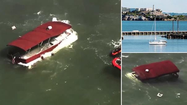 One person has died and two are missing after a boat overturned near Alcatraz in San Francisco Bay.